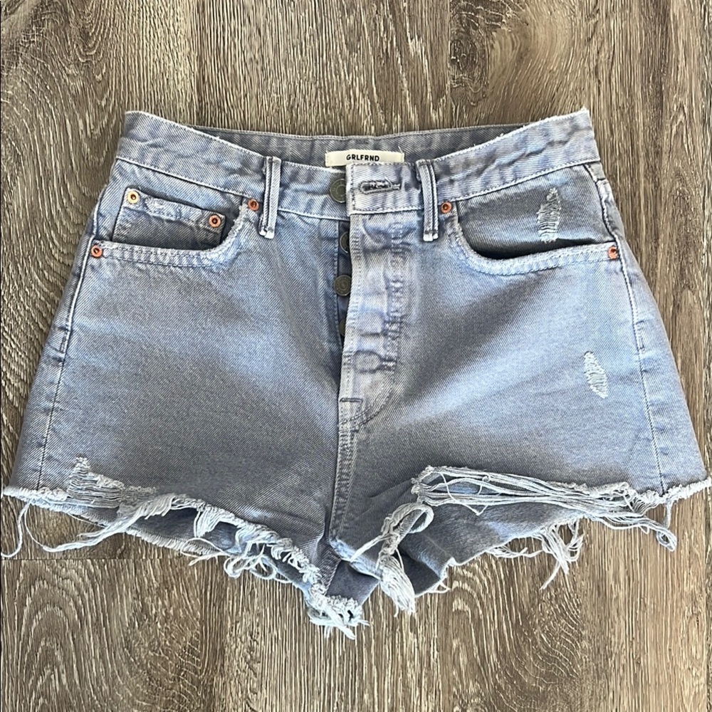 GRLFRND Light Blue Frayed Jean Shorts